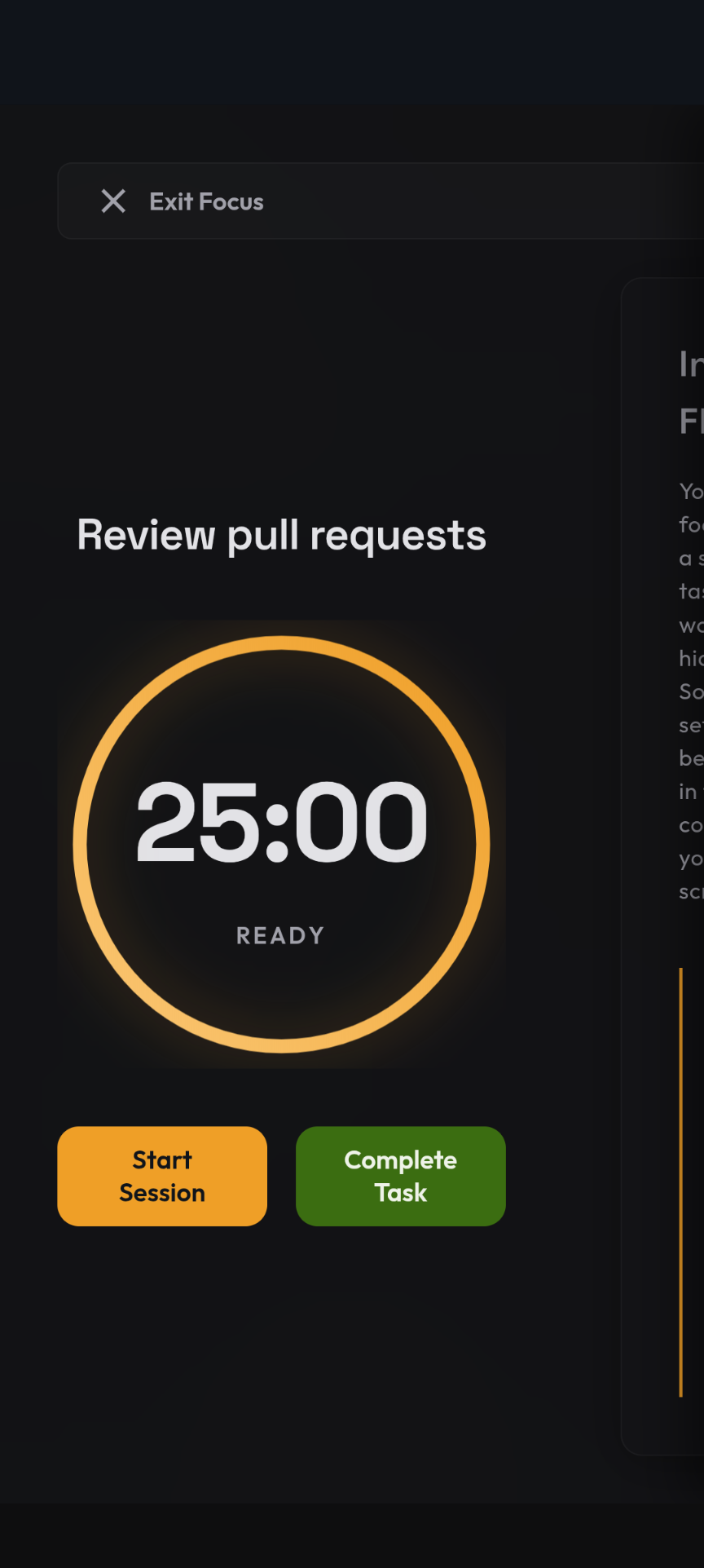 The focus overlay — timer and calm focus screen